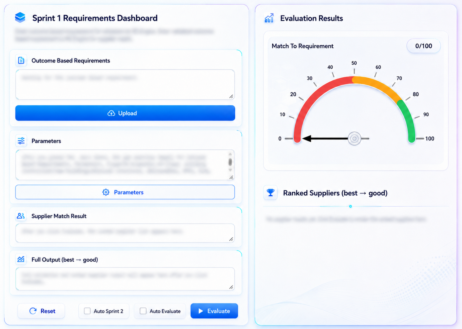 Futuristic Sprint 1 Requirements Dashboard with requirement inputs, supplier matching and a score gauge