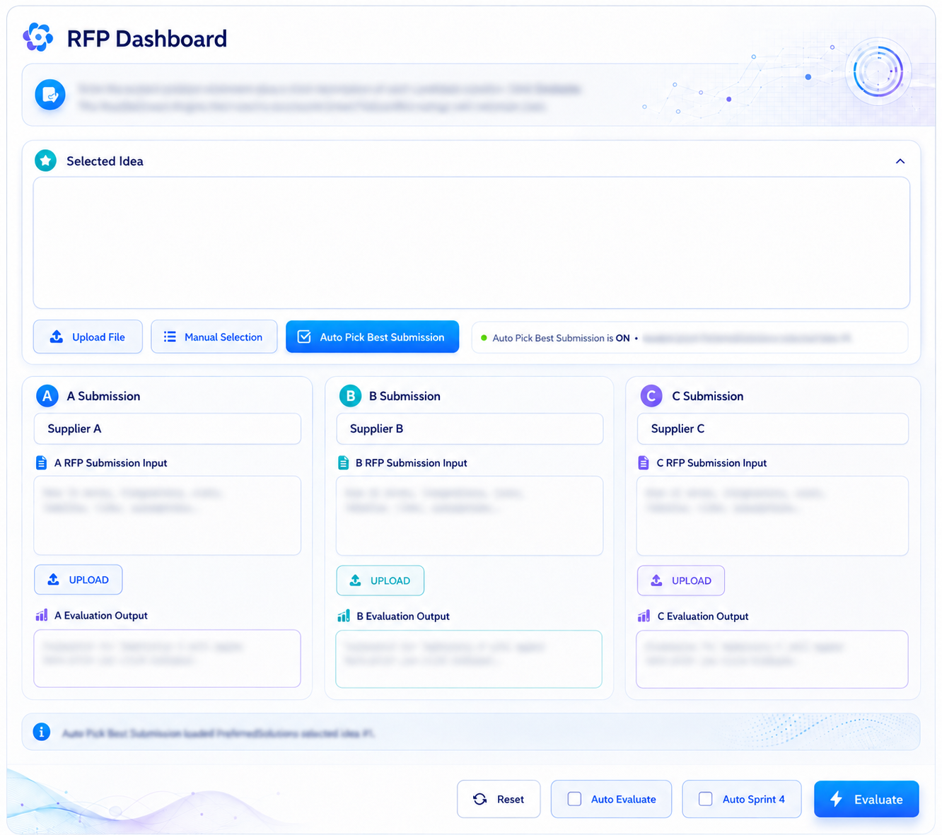 Futuristic RFP Dashboard comparing supplier A, B and C submissions with a blank Selected Idea box